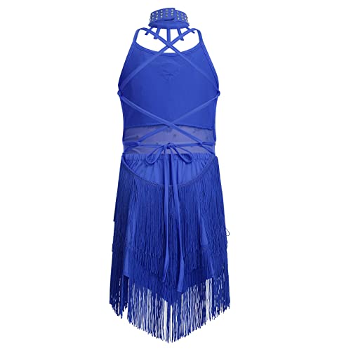 Afavom Sequin Tassel Latin Dance Dress For Girls Kids Figure Skating Dresses Halter Backless Flapper Fringe Party Ballroom Dancewear Costume With Gloves Choker Shorts Royal Blue 4Pcs 6-7 Years #TOP5