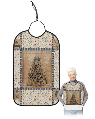 Christmas Tree Adult Bib for Adults Men, Women, Washable & Adjustable Terry Cloth Bib with Crumb Catcher Reusable Waterproof Clothing Clothes Protector Apron Colorful Farmhouse Snowflake Snowman