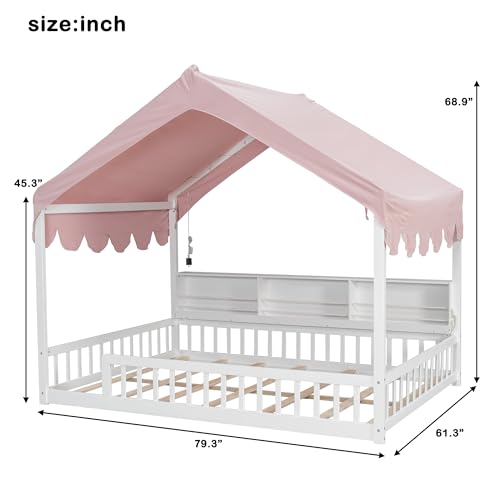 Image of Full Size Wooden Floor Bed for Kids,House-Shaped Daybed with Fense,3 Storage Bookshelves,Curtain and LED Light (White+Pink6)