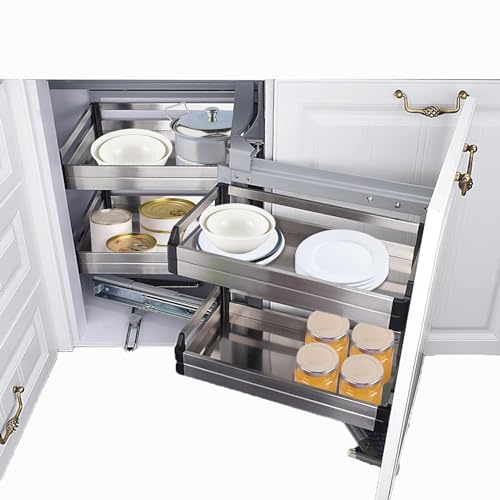 Treliamd Pull Out Blind Corner Cabinet Organizer Right Swing, 2 Tiers Slide Out Kitchen Cabinet Organizer, Opening Chrome Soft Close Blind Corner with Four Shelf for 33.86''Wx19.7''Dx22.84''H