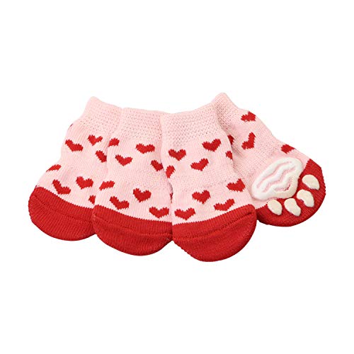 YAODHAOD Anti-Slip Dog Socks Knit Dog Paw Protector & Cat Paw Protecto Strong Traction Control for Indoor on Hardwood Floor Wear for Puppy and Small Dog Cat (Heart Shaped, M:3.0x1.4in)
