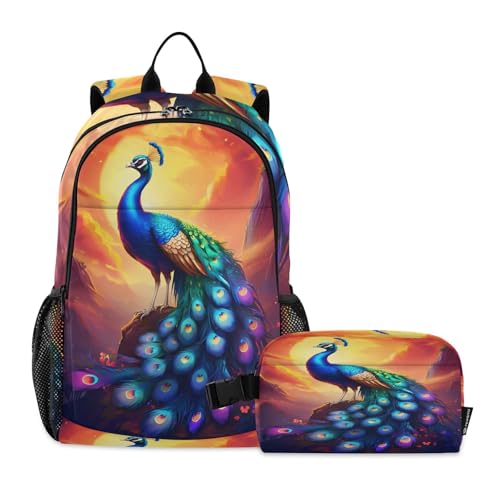 Sac à dos paon avec boîte à déjeuner pour enfants de 9-10 ans | Lot de 2