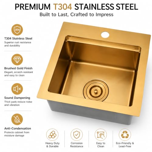 Image of Gold Bar Sink, 15 inch Gold Kitchen Sink, SUS304 Stainless Steel Single Bowl
