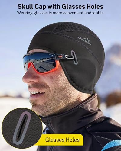 GXCROR Winter Helmet Liner Skull Cap, Fleece Lined Warm Cycling Cap with Glasses Holes, Thermal Hat Beanie for Men Women Black - Thumbnail 3