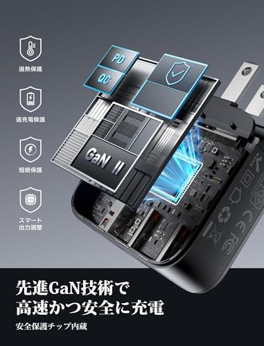 JSAUX 65W USB C 急速充電器 PSE認証済み 3ポート GaN 充電ブロック 折りたたみ式プラグ付き 2m USB C ケーブル付 ノートPC・iPhone 17・Galaxy・Switch 2・Steam Deck 対応 コンパクト充電器