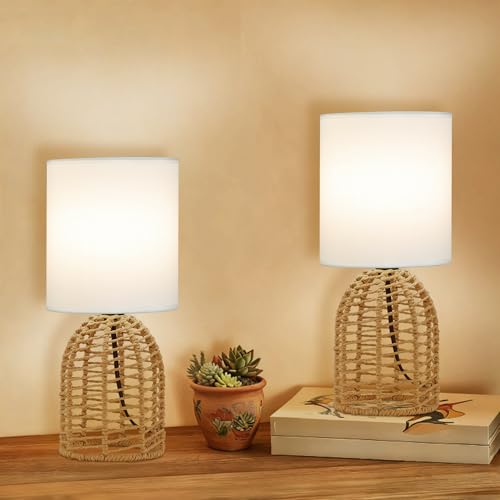 Rattan Table Lamp Set of 2 Boho Woven Lamps
