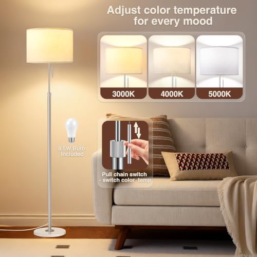 Image of Ambimall Height Adjustable Modern Floor Lamp, Silver & White