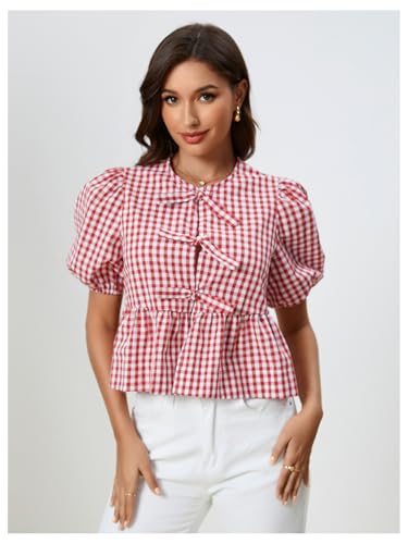 MakeMeChic Women's Plaid Gingham Bow Blouse Puff Sleeve Crew Neck Ruffle Hem Blouses Top4