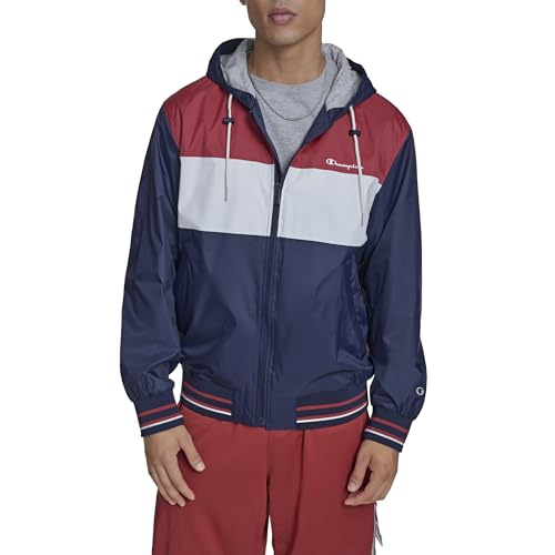 Champion Men's Retro Hooded Rain Jacket, Red/White/Navy, Large - image 1
