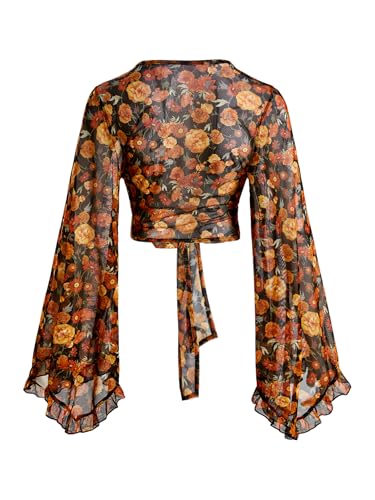 Verdusa Women's 70s Floral Print Tie Front Mesh Cover Up Long Bell Sleeve V Neck Crop Boho Blouse2