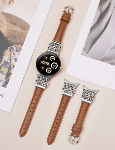 Image of TOYOUTHS Slim Leather Band Compatible with Google Pixel Watch 4 3 41mm /Pixel Watch 2 1 Band Women, Celtic Metal Dressy Thin Fashion Designer Premium Leather Strap for Google 4 3 2 1 Smartwatch