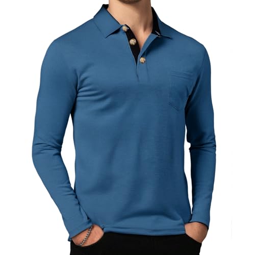 GOFERIKUVA Men's Long Sleeve Polo Shirts Moisture Wicking Mens Long Sleeve Polo Shirts Quick Dry Golf Polo for Men Blue M