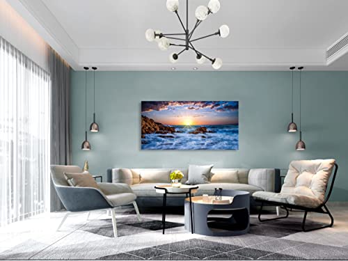 Muolunna BK05850 Wall Art Decor Canvas Print Picture Sunset Blue Ocean 1 Panel Sea Waves Scenery Painting Artwork for Office Wall Decor Home Decoration Stretched and Framed Ready to Hang 20x40inch