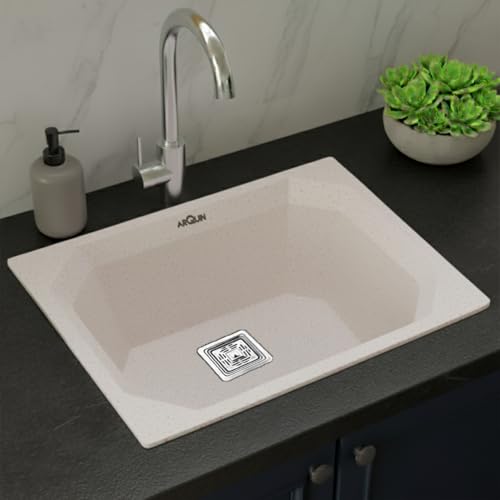 Image of ARQUIN Quartz Kitchen Sink 24x18x9 Inch Rosa Diamond | Single Bowl Sink | Durable & Scratch-Resistant | Undermount /Topmount Including Coupling, Waste Pipe & Fruit Washing Basket