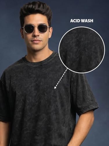 Image of Veirdo Heavy GSM Pure Cotton Acid Wash Print Round Neck Half Sleeve Oversized Fit Drop Shoulder T-Shirt for Men (Colors: Black, Navy, Green & Brown)