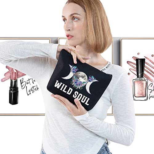 LEVLO Moon Phase Cosmetic Make Up Bag Moon Witch Gift Wild Soul Makeup Zipper Pouch Bag for Women Girls Wild Soul Black, Cosmetic Bag - Image 3