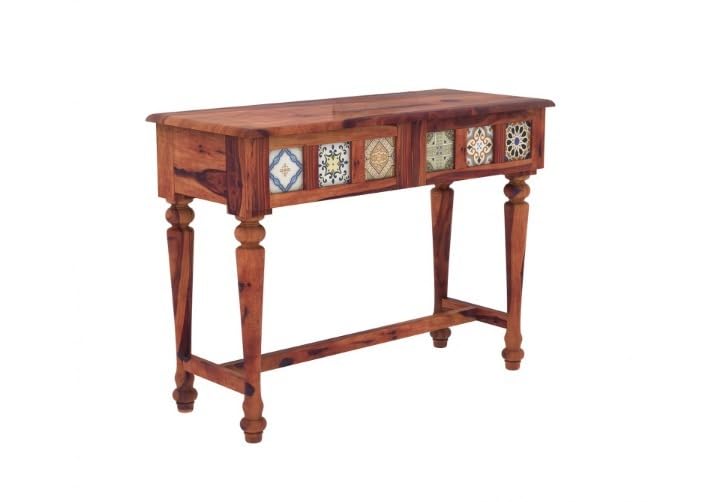 Image of Solid Wood Console Table with Handcrafted Ceramic Tile Design for Living Room, Entryway, Hallway & Bedroom | Wooden Accent Sofa Side Table | Natural Brown Finish | 40 x 17 x 30 Inch
