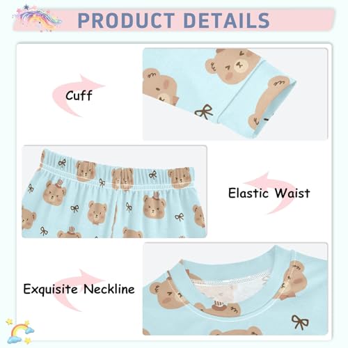 Cute Brown Bears Blue Print Cute Pajama Sets Long Sleeve Top and Pants, Snug Fit Sleepwear for Night Wears4