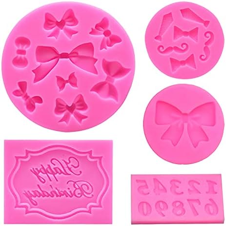 5 Pcs Silicone Fondant Molds, CILLIFE Set of 2 Bowknot + Happy birthday +Number 0-9+Mini Bow Ties Beard Shaped Chocolate Candy 3D Mold for Cake Cupcake Topper Decoration Cookie Decor Pastry