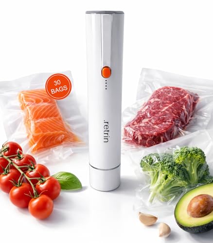 RETRIN Handheld Cordless Vacuum Sealer for Food – Portable Travel Vacuum Sealer with Reusable Vacuum Seal Bags – One-Touch Operation – Keeps Food Fresh Up to 5X Longer (sealer + 30 bags)