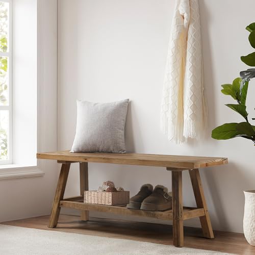 HOKYHOKY Solid Wood Bench-43.3\" Farmhouse Entryway Bench with Storage Shelf, Narrow Rustic Bench for Hallway, Kitchen, Bedroom, Dining - Thumbnail 4