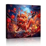 中国のドラゴンキャンバスウォールアート新年のフレームキャンバスアートワークリビングルームの伝統オリエンタルウォール壁画鮮やかな写真プリント50x50cmインナーフレーム
