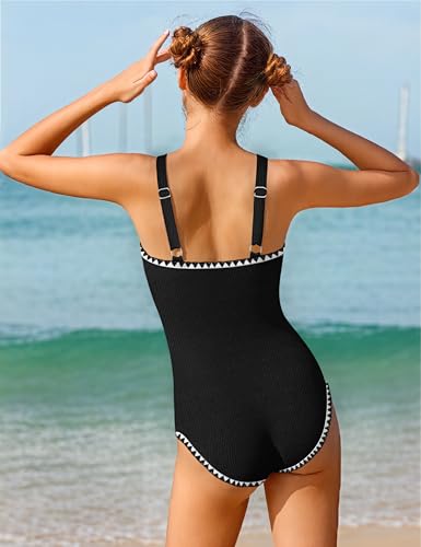 Image of Qaoerde Girls Swimsuit One Piece Swimsuits Solid Color Bathing Suit Colorful Contrast Trim Adjustable Straps Swimwear 9-16Y