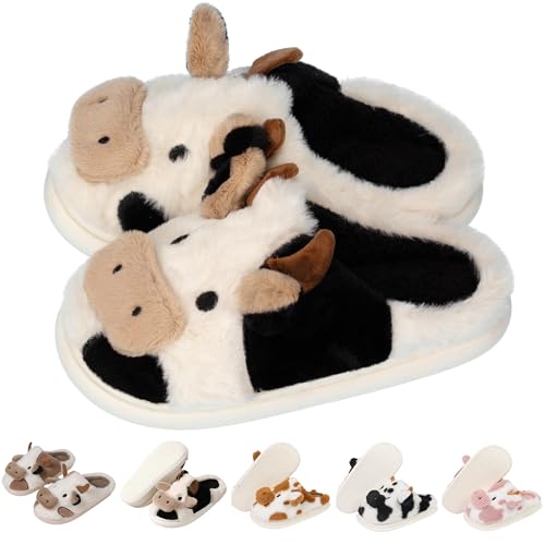 Zuiyisu カートゥーン 牛 コットンスリッパ かわいい 快適 もこもこ 動物 スリッパ レディース メンズ, ウシ, 6-7 Women/5-6 Men（Amazon）