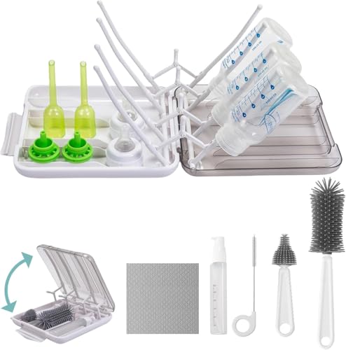 Image of Travel Bottle Cleaner kit, 7in1 Baby Travel Essential Silicone Travel Bottle Brush Set Nipple Drying Rack, Straw Breast Pump Cleaning Soap Dispenser Organizer Case Mon Gift