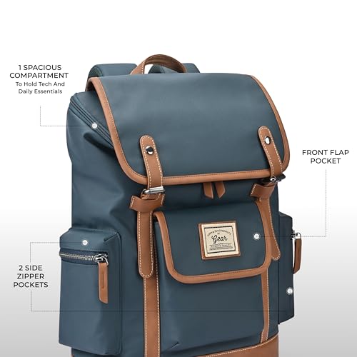 Image of Gear Classic 16.5 inch /21L Medium Water Resistant Faux Leather Anti Theft Knapsack | Laptop Bag | Casual Bag | Travel Bag for Men /Women (Teal - Tan)