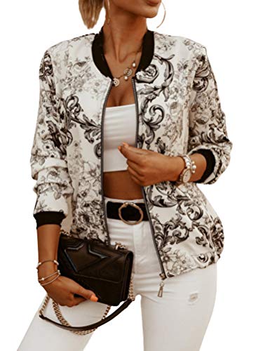 ORANDESIGNE Femme Veste Motard Blouson Court Zippe a Motifs des Fleurs Fashion Fleuri Blouson Veste Moto Veste Chic Manches Longues Blanc L