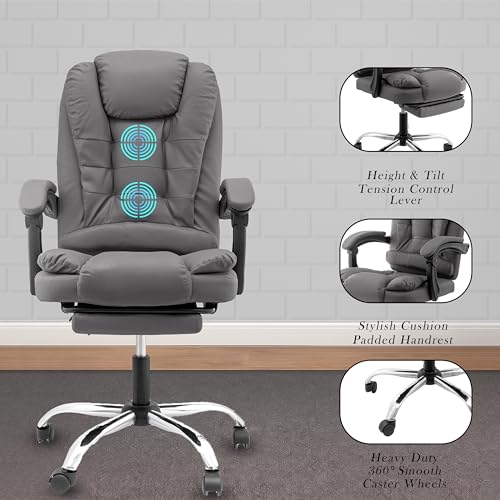 Image of Casa Copenhagen Italia Leatherette Office Chair for Work | Boss Chair, Ergonomic Executive, Luxurious Cushioned Arms & Seat, 2 Point Back Massager, Adjustable Leg Rest, Heavy Duty Metal Base(Grey)