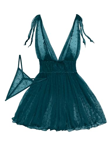 Image of Lilosy Sexy Polka Dots Mesh Sheer Lace Babydoll Chemise Lingerie Set Floral Sleep Wear