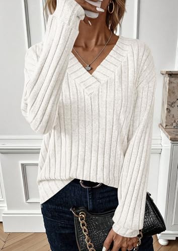 PRETTYGARDEN Fall Fashion 2025 Long Sleeve Shirts for Women Ribbed Knit V Neck Dressy Casual Lightweight Sweaters Tunic Tops4
