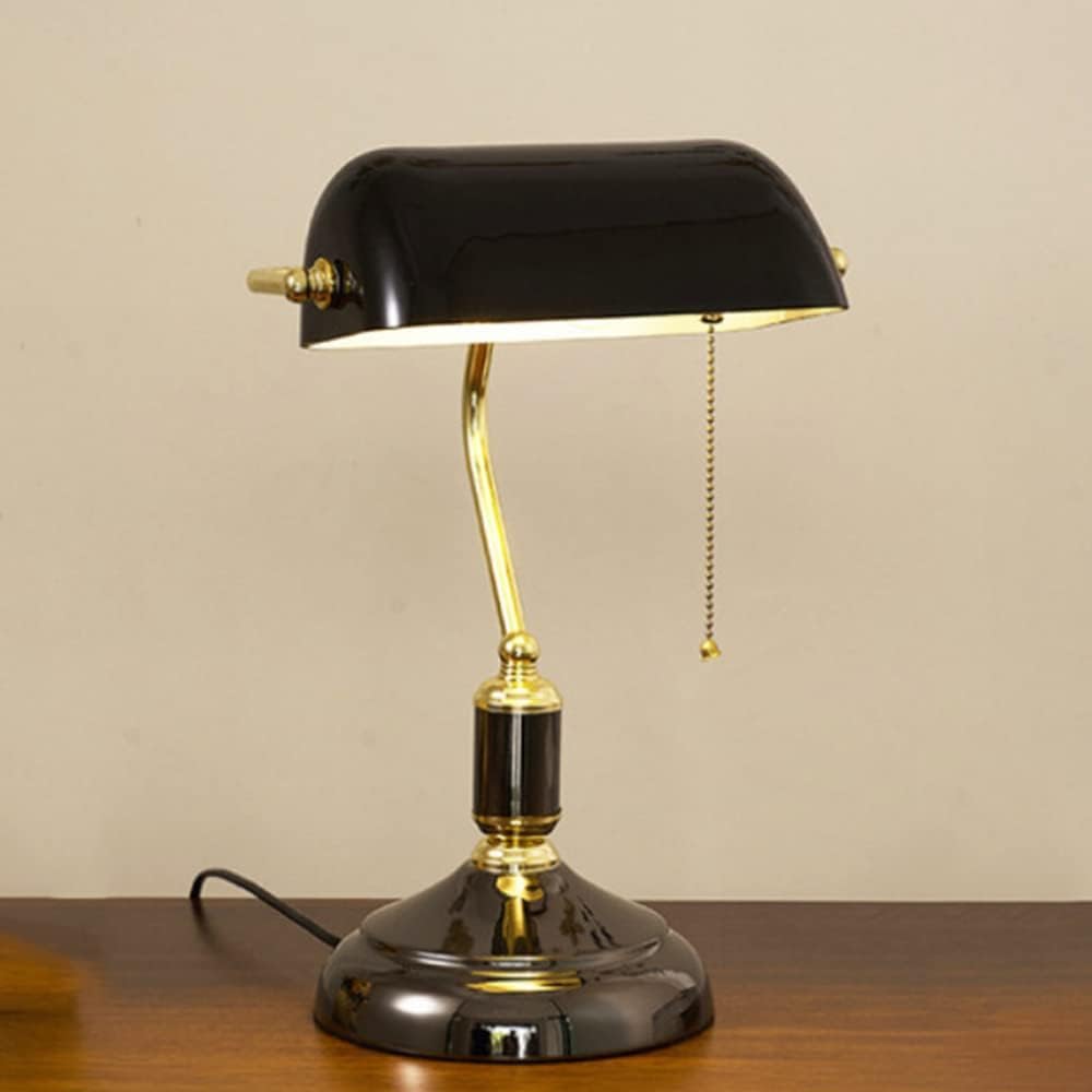 Platerowana lampa biurkowa w kształcie litery V / lampa stołowa / lampka nocna do gabinetu biurowego z czarnym szklanym kloszem, podstawa sprzętowa i przełącznik pociągowy, lampa wisząca