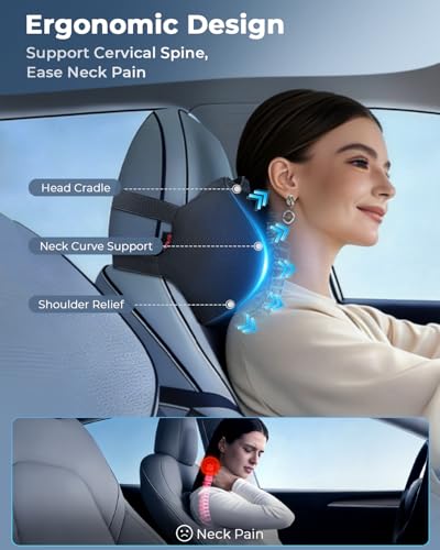 Aukee Car Headrest Pillow with Genuine Leather Cover Memory Foam Neck Cushion for Driving Home Office Black (Pack of 2)