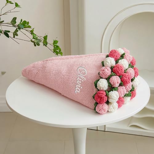 Neywoll Personalized Name Embroidery Crochet Flower Bouquet Throw Blanket Custom Rose Blanket Romantic Gift for Her Girlfriend Mom Women Rose Mix
