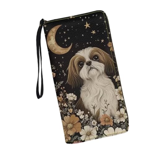Womens Cute Wristlet Wallet Shih Tzu Dog Moon Print Soft Leather Zipper Long Purse RFID Blocking Card Holder Clutch Organizer