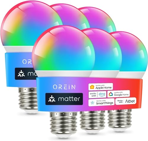 El Mejor Listado de Focos Inteligentes Walmart los más recomendados. 41 OREiN Matter Focos Inteligentes Compatible con Alexa, Apple Home, Google Home, SmartThings, Focos Inteligentes Multicolor A19 E26, Bombillas Inteligentes 60W Equi 800 LM CRI90 6...