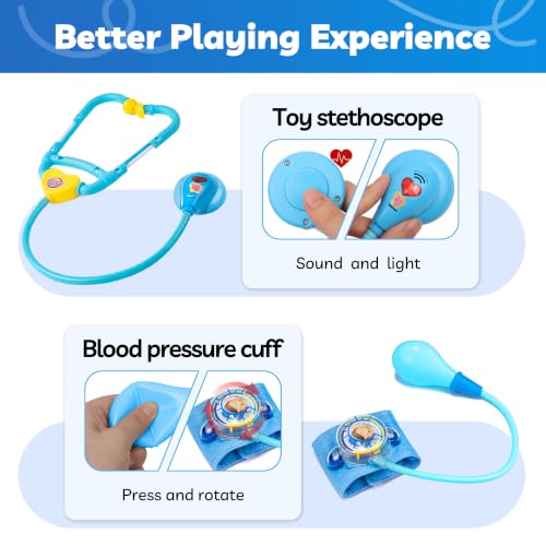 Image of Liberry Doctor Kit Toys for Toddlers Ages 3 4 5 with Light & Sound, Blue | Smooth Edges, Durable Plastic, Portable Medical Bag, Pretend Stethoscope, Educational Role Play, Birthday Gift for Boys Girls