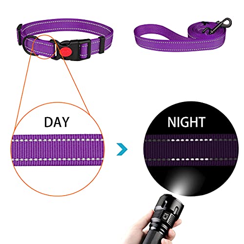 Reflective Dog Collar And Leash Set With Safety Locking Buckle Nylon Pet Collars Adjustable For Small Medium Large Dogs 4 Sizes(Purple&S) #TOP3