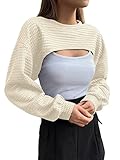 Verdusa Women's Casual Long Sleeve Pointelle Knit Drop Shoulder Crewneck Crop Sweater Top Cropped Cover Up Solid Apricot M