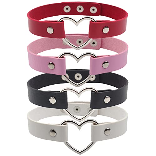 LIUJZZJ 4 Stück Choker Gotik Halsband Punk Leder Halskette Damen Mädchen Herz Design Kragen Halsketten Verstellbaren(Schwarz Weiß Rot Rosa) Cover