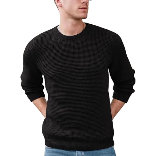 Crewneck Waffle Texture Mens Long Sleeve Knit Sweater Casual Fashion Comfortable Top Warm