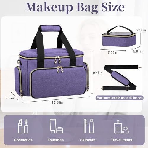 Image of GDNasist Large Makeup Bag, Portable Travel Makeup Bag Organizer | Cosmetic Travel Bag for Women Girls with 2 Removable Pouches & Detachable Dividers, Toiletry Bag for Makeup and Hair Supplies