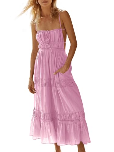 Image of Wenrine Womens Summer Beach Dresses Backless Spaghetti Straps Self Tie Tiered Flowy Casual Maxi Dress with Pockets Pink