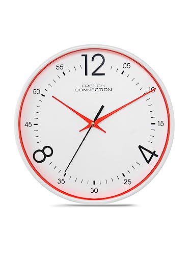 French Connection Plastic Elegant Decorative White Analog Wall Clock with Red Rim - Size 12 Inches - Fcwc04-A