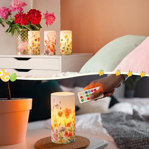 Image of Retisee 3 Pcs Spring Wildflower Flameless Candles Spring Floral Battery Operated Flickering LED Candles with Remote Floral Gifts Decoration for Easter Wedding Table Centerpieces Home Living Room Decor