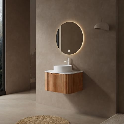 Image of KEIKI 24 inch Bathroom Vanity Cabinet with Sink Combo, Wall Mounted Curved Edges Striped Floating Bathroom Vanity with Soft-Close Drawer, White Round Ceramic Basin Without Faucet, Natural Wood