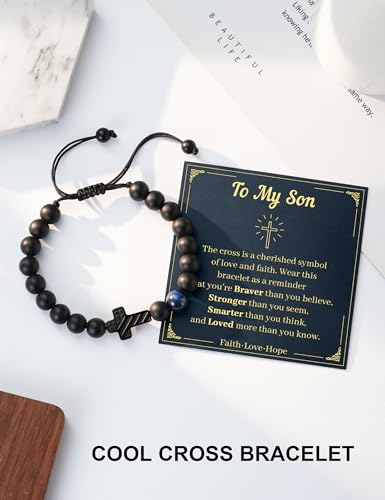 Cross Beaded Bracelet with Blue Tiger Eye – Christian Gift for Teen Boys & Men, Son, Grandson, Nephew, Brother – Baptism, Confirmation, First Communion Birthday, Graduation, Christmas Gifts4